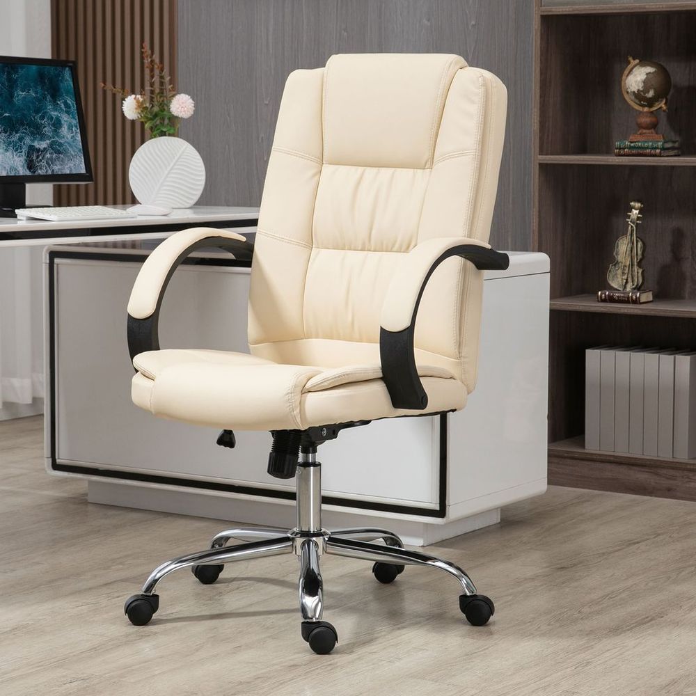 Beige PU Leather High Back Executive Office Chair - Adjustable & Comfortable